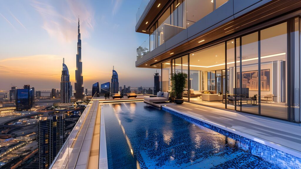 Moderne Luxuswohnung in Dubai mit Pool und Burj Khalifa